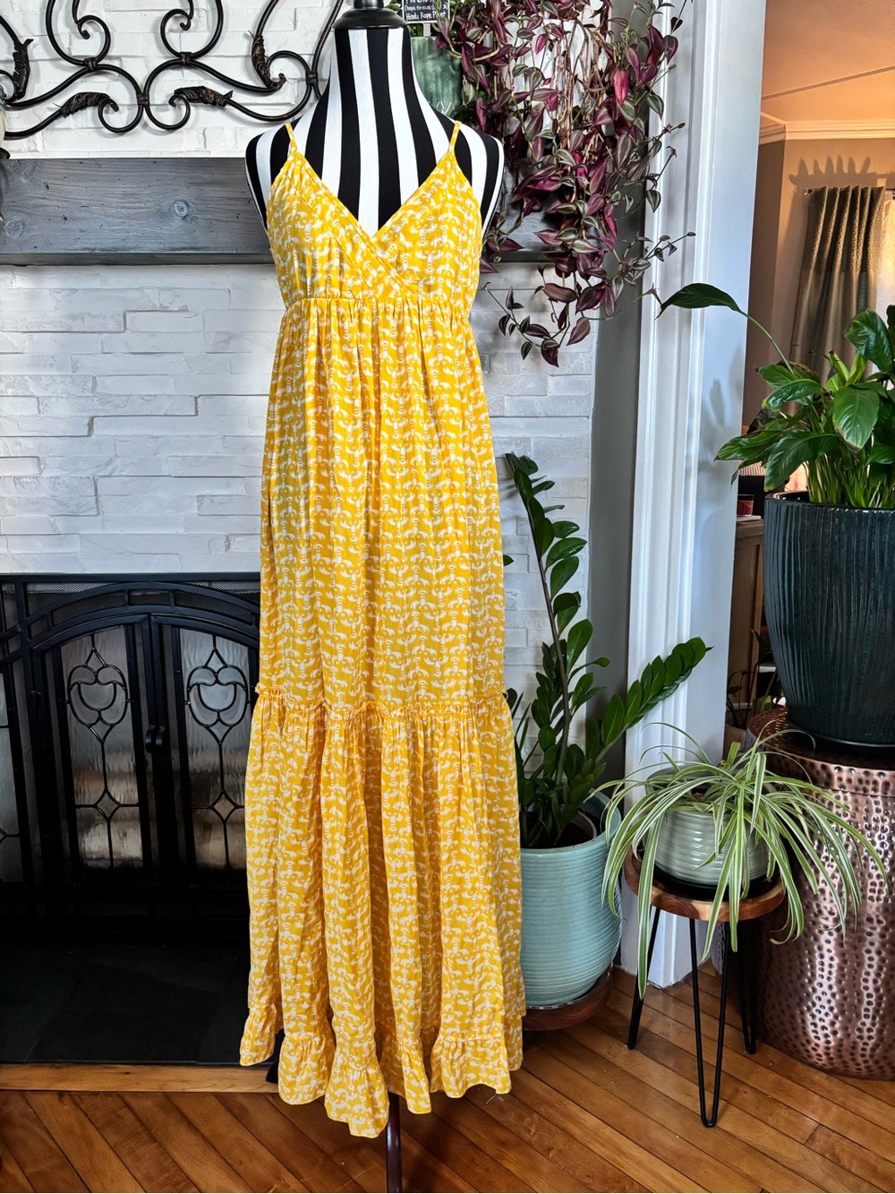 Anthropologie Porridge Yellow White Lobster Tiered Maxi Dress Medium